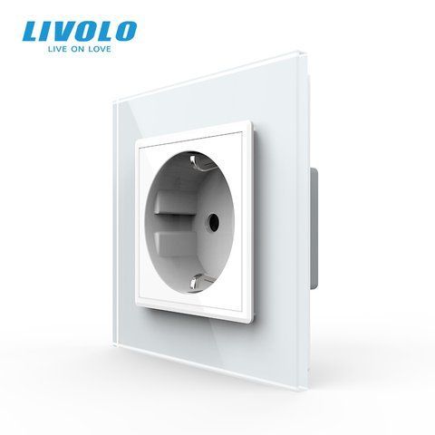 Електрична розетка з заземленням LIVOLO, біла, скляна матова рамка, шторки, 250В 16А VL-C7FCTC16A-2WS06 фото