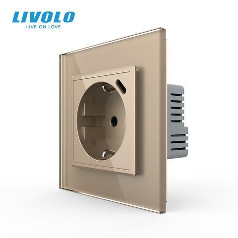Електрична розетка з USB Type-C 18Вт для зарядки, з заземленням, LIVOLO, золота, скляна матова рамка, 250В 16А VL-C7CTF16A.UC18W-2AS06 фото