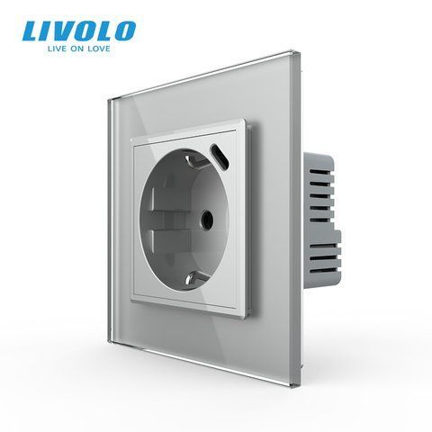 Електрична розетка з USB Type-C 18Вт для зарядки, з заземленням, LIVOLO, сіра, скляна матова рамка, 250В 16А VL-C7CTF16A.UC18W-2IS06 фото
