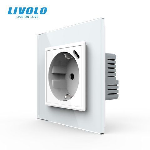 Електрична розетка з USB Type-C 18Вт для зарядки, з заземленням, LIVOLO, біла, скляна матова рамка, 250В 16А VL-C7CTF16A.UC18W-2WS06 фото