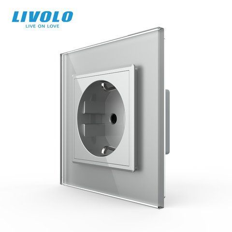 Електрична розетка з заземленням LIVOLO, сіра, скляна матова рамка, шторки, 250В 16А VL-C7FCTC16A-2IS06 фото