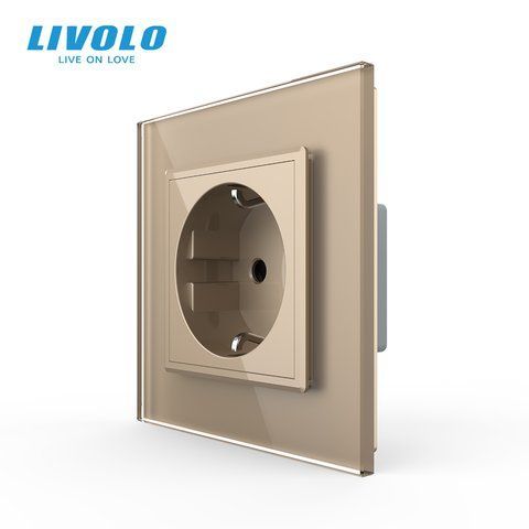Електрична розетка з заземленням LIVOLO, золота, скляна рамка, шторки, 250В 16А (VL-C7C1EU-13) VL-C7C1EU-13 фото