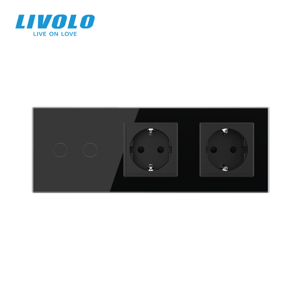 Сенсорний вимикач 2 сенсора 2 розетки Livolo чорний скло (VL-C702/C7C2EU-12) VL-C702/C7C2EU-12 фото