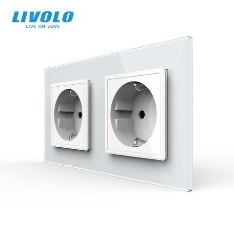 Подвійна електрична розетка з заземленням LIVOLO, біла, скляна матова рамка, шторки, 250В 16А VL-C7FCTC16A-4WS06 фото