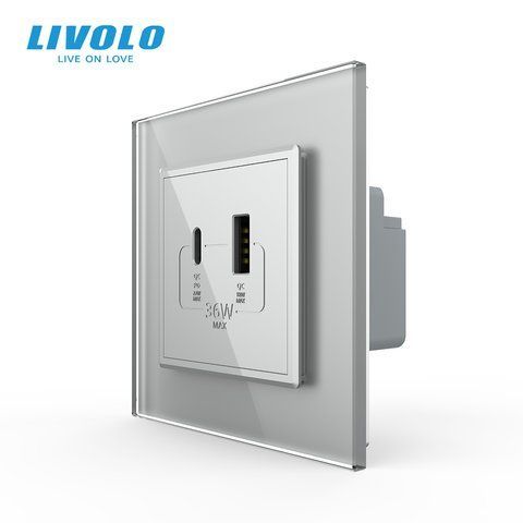 Розетка USB-A та USB-C з Power Delivery 36W LIVOLO сіра матова скло VL-C7FCUA18W.UC18W-2IS06 фото