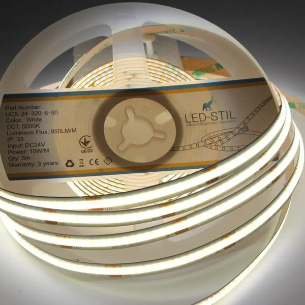Світлодіодна стрічка LED-STIL 5000K 10 Вт/м COB 320 діодів IP33 24 Вольта 1000 Lm нейтральне світло UC5-24-320-8-90 фото