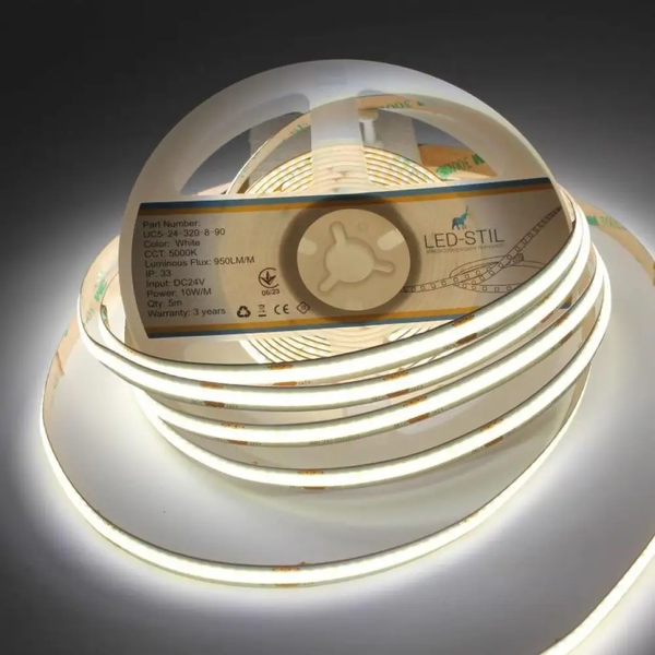 Світлодіодна стрічка LED-STIL 5000K 10 Вт/м COB 320 діодів IP33 24 Вольта 1000 Lm нейтральне світло UC5-24-320-8-90 фото