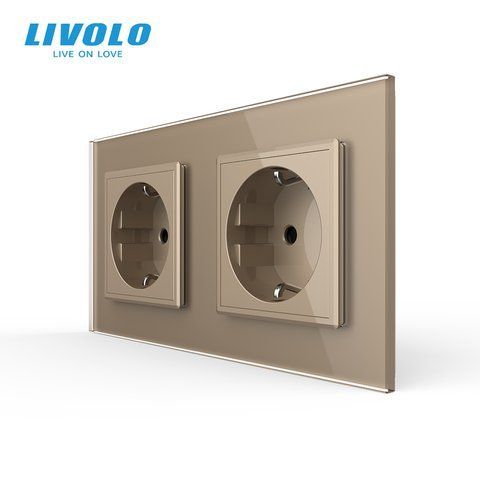 Подвійна електрична розетка з заземленням LIVOLO, золота, скляна матова рамка, шторки, 250В 16А VL-C7FCTC16A-4AS06 фото