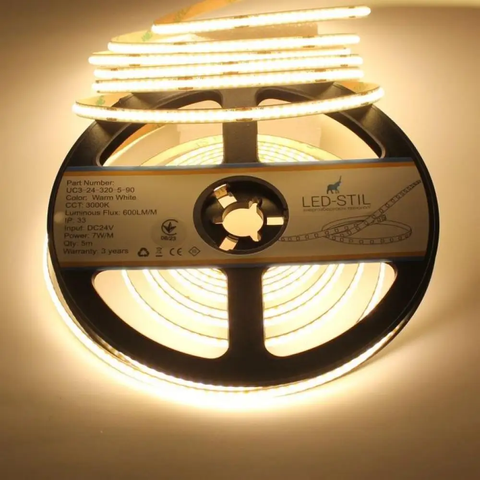 Світлодіодна стрічка LED-STIL 3000K 7 Вт/м COB 320 діодів IP33 24 Вольта 600 Lm тепле світло, вузька UC3-24-320-5-90 фото