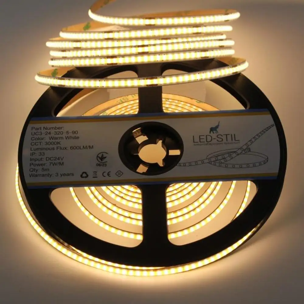 Світлодіодна стрічка LED-STIL 3000K 7 Вт/м COB 320 діодів IP33 24 Вольта 600 Lm тепле світло, вузька UC3-24-320-5-90 фото