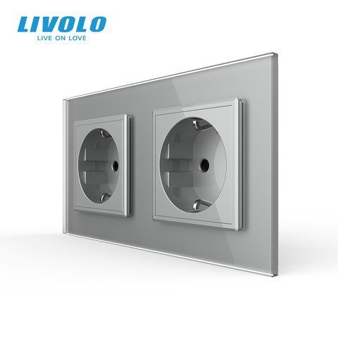 Подвійна електрична розетка з заземленням LIVOLO, сіра, скляна матова рамка, шторки, 250В 16А VL-C7FCTC16A-4IS06 фото
