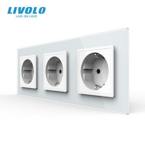 Потрійна електрична розетка з заземленням LIVOLO, біла, скляна матова рамка, шторки, 250В 16А VL-C7FCTC16A-6WS06 фото