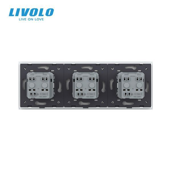 Потрійна електрична розетка з заземленням LIVOLO, біла, скляна матова рамка, шторки, 250В 16А VL-C7FCTC16A-6WS06 фото