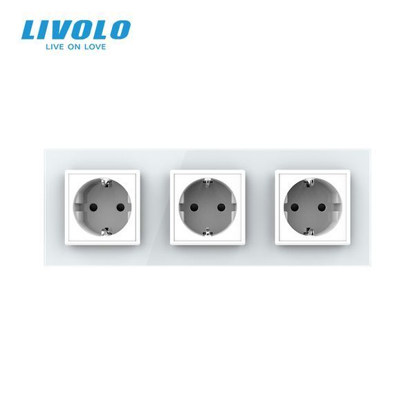 Потрійна електрична розетка з заземленням LIVOLO, біла, скляна матова рамка, шторки, 250В 16А VL-C7FCTC16A-6WS06 фото