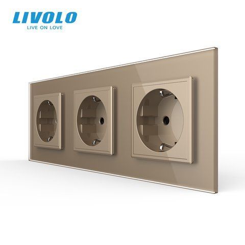 Потрійна електрична розетка з заземленням LIVOLO, золота, скляна матова рамка, шторки, 250В 16А VL-C7FCTC16A-6AS06 фото