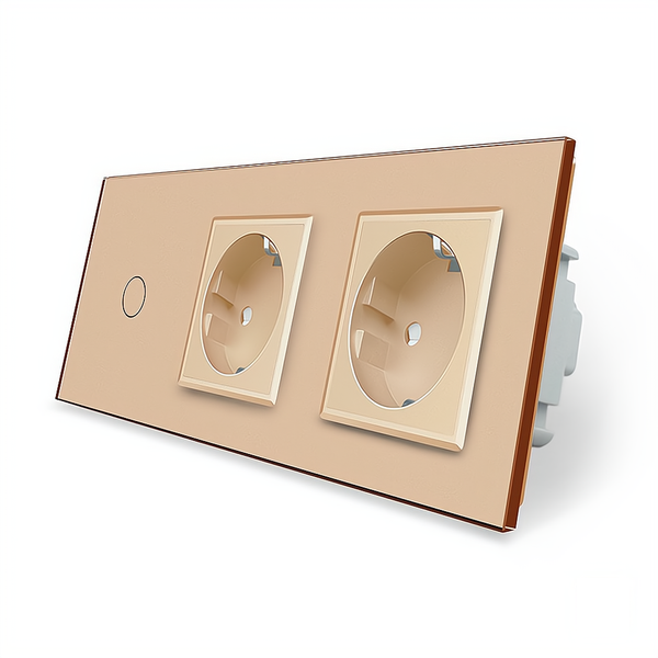 Безконтактний вимикач 1 сенсор 2 розетки Livolo золото скло (VL-C701/C7C2EU-PRO-13) VL-C701/C7C2EU-PRO-13 фото