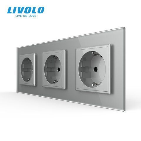 Потрійна електрична розетка з заземленням LIVOLO, сіра, скляна матова рамка, шторки, 250В 16А VL-C7FCTC16A-6IS06 фото
