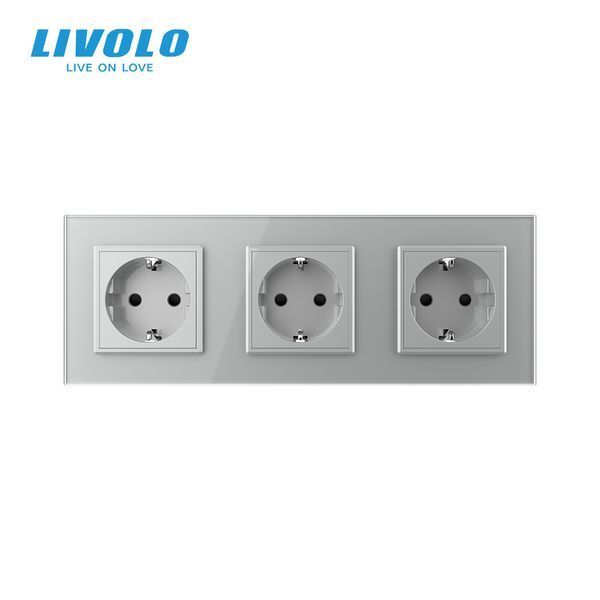 Потрійна електрична розетка з заземленням LIVOLO, сіра, скляна матова рамка, шторки, 250В 16А VL-C7FCTC16A-6IS06 фото